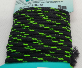 Šňůra oděvní PES 4 mm - karta 5 m - 112 - černá-refl.zelená